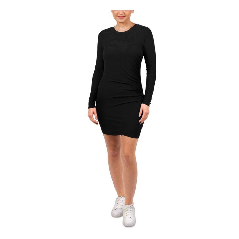 HIPPIE ROSE Womens Body Con Dress Black Long Sleeve Wrap Hemline Juniors L